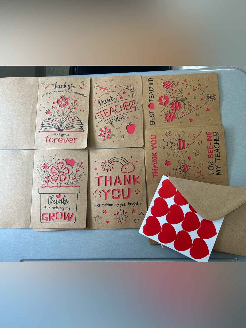 Thank You Teacher Card Set with Red Accents with heart stickers/envelopes